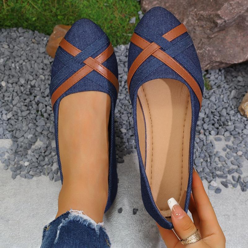 New denim large size shallow mouth single shoes women's round head flat bottom cross belt lazy work shoes wish