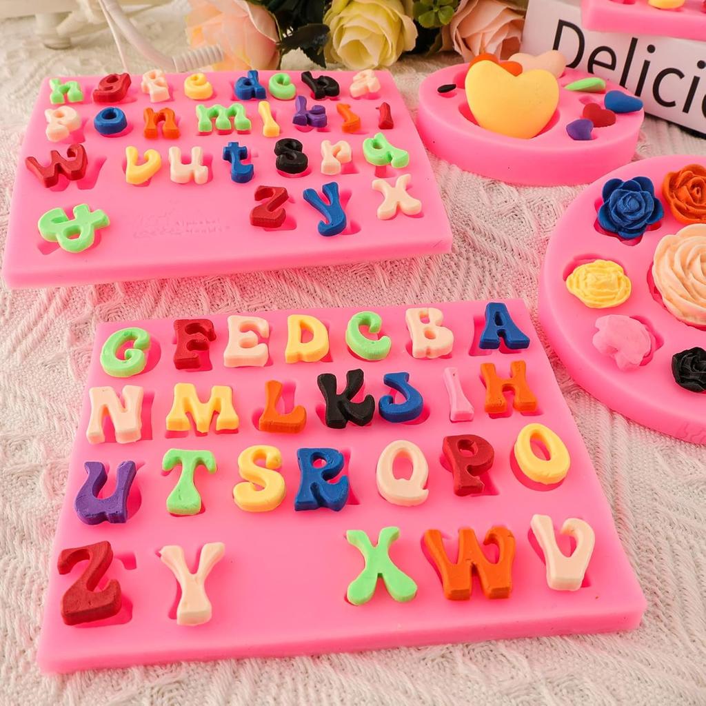 5-Piece Silicone Letter Number Mold Set, Heart Flower Chocolate Candy Clay Mold for Fudge Cake Decor