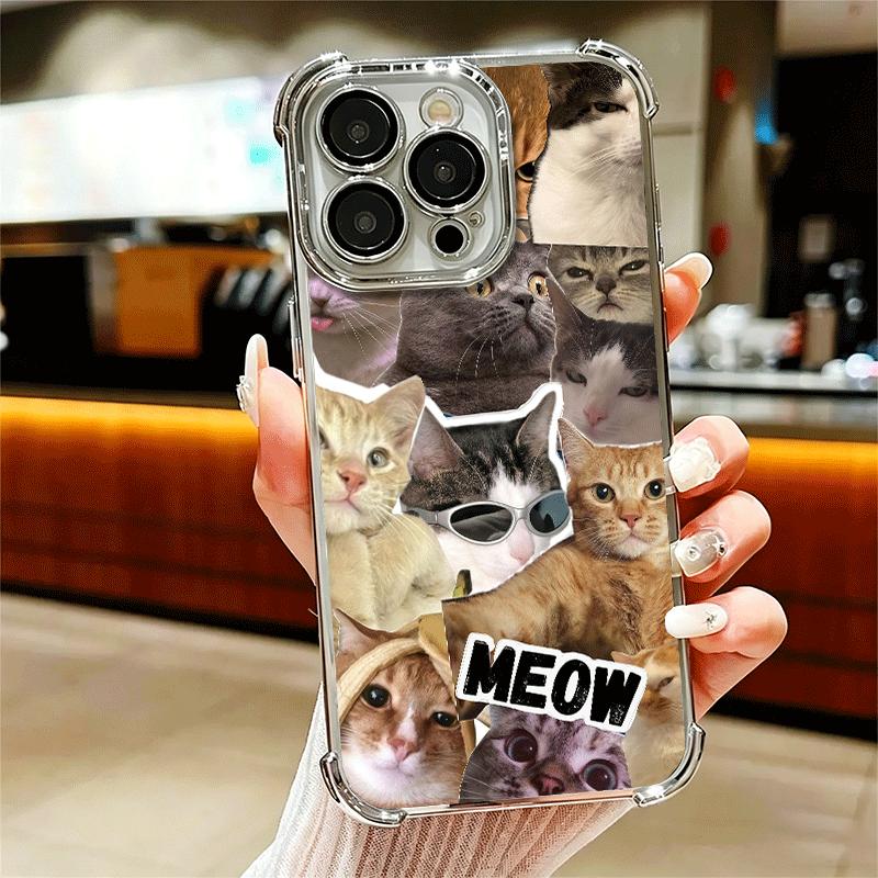 Crying Cats Combine Memes Plating Phone Case For Iphone 16 17 Pro Max Air 16E 14 15 Plus 12 13 Mini Anti-Fall Airabag Cover