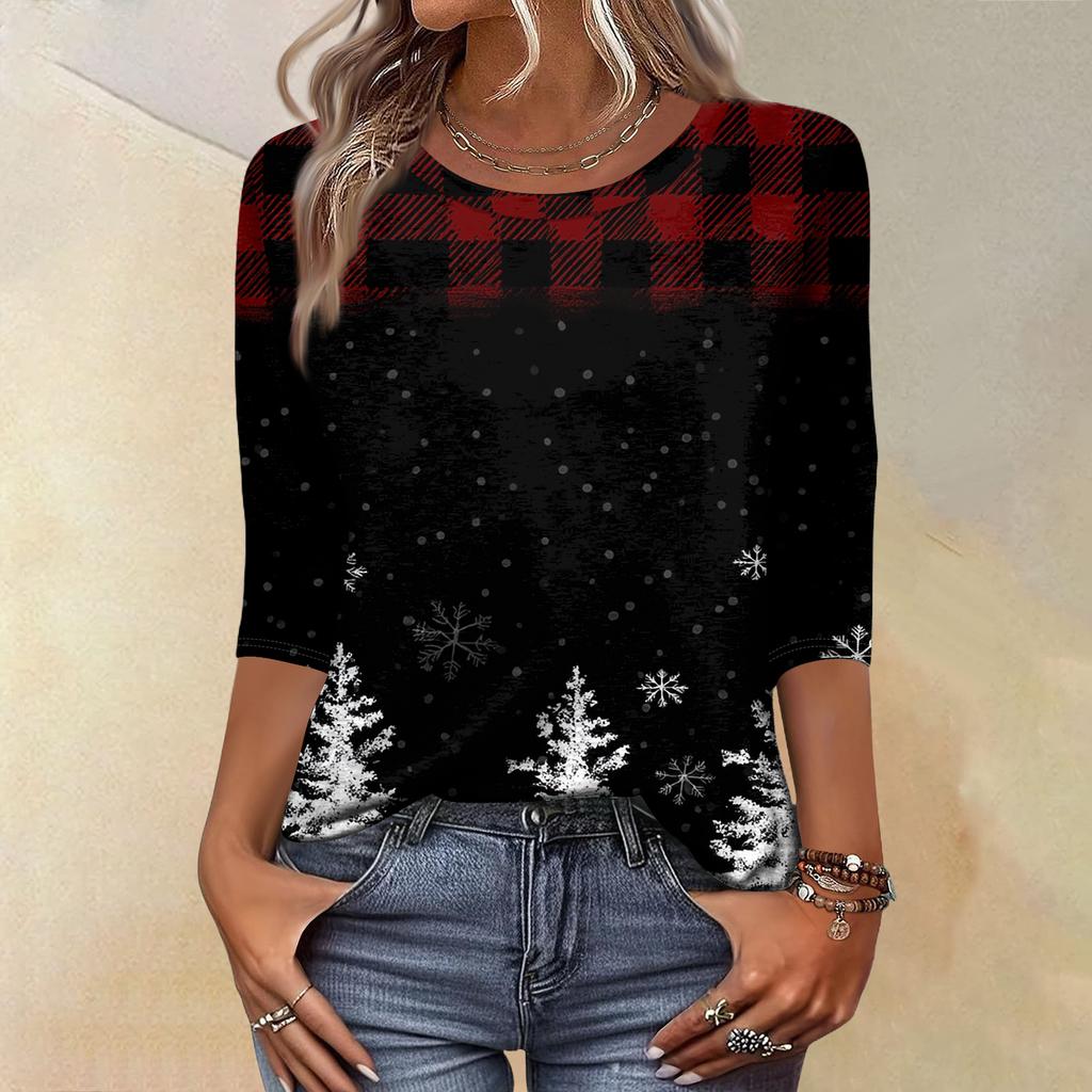 Women's Fashion Casual Christmas Tree Printed Round Neck Three-Quarter Sleeve T-Shirt Top