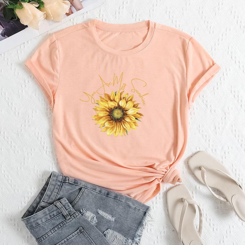 Summer Women's Fashionable Sunflower Print Short Sleeved Casual Loose Cotton Round Neck Top
