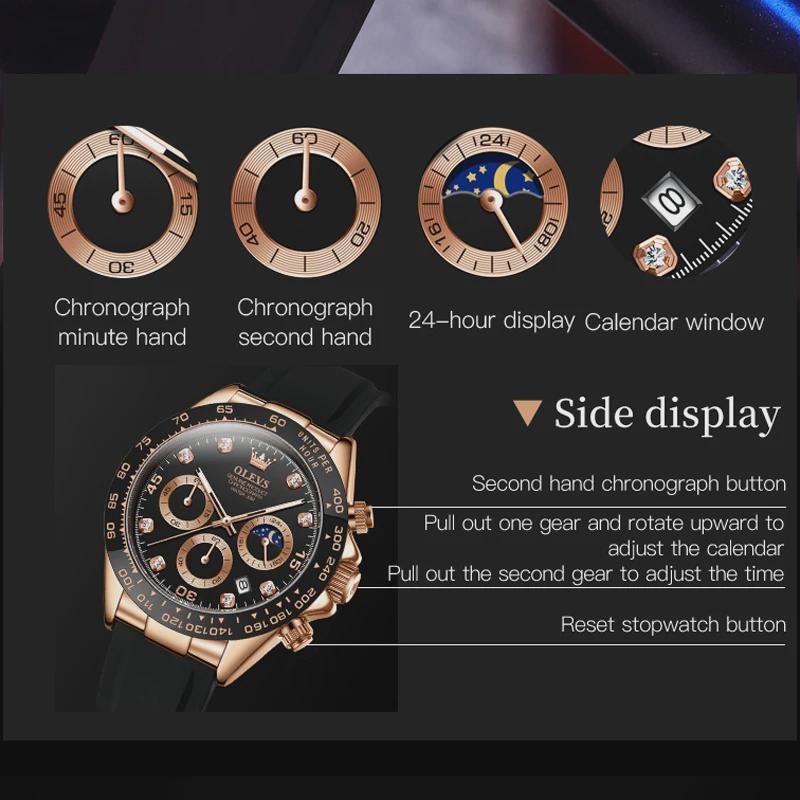 OLEVS Originale Uhr für Herren, Mondphase, Chronograph, Kalender, analoges Silikonarmband, Armbanduhr, Business-Quarzuhren