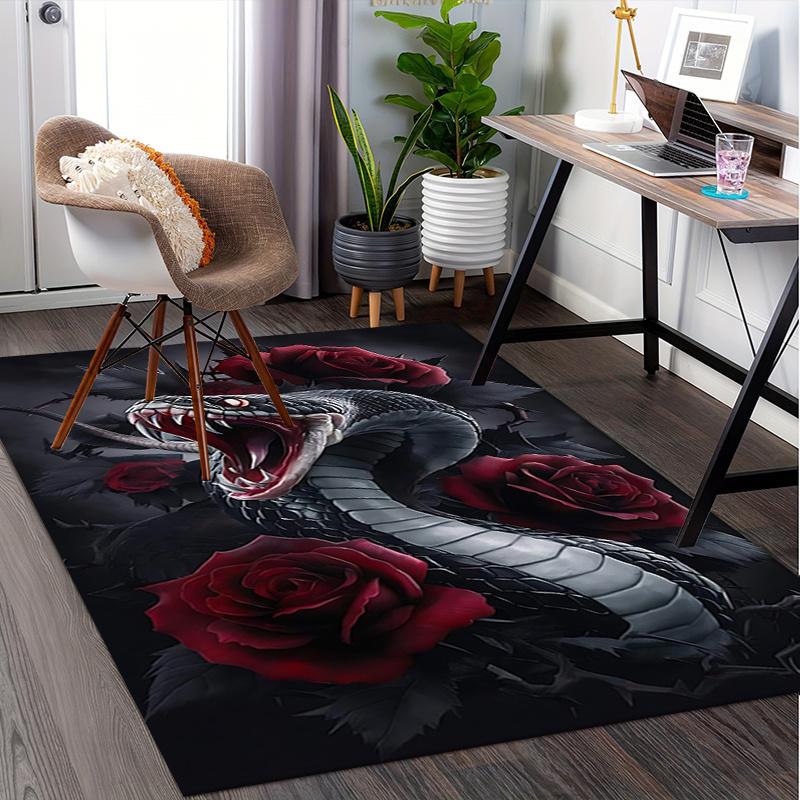 Black Snake and Red Roses Chair Mat Office Carpet, Oversized Rug for Home Decor, Desk Pad Gift, Suitable for Bedroom, Living Room, Various Rooms