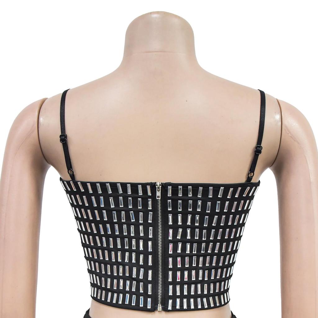 C7196 European and American Fashion Women's Sleeveless Spaghetti Strap Hot Drilling Long Dress Two-Piece Set