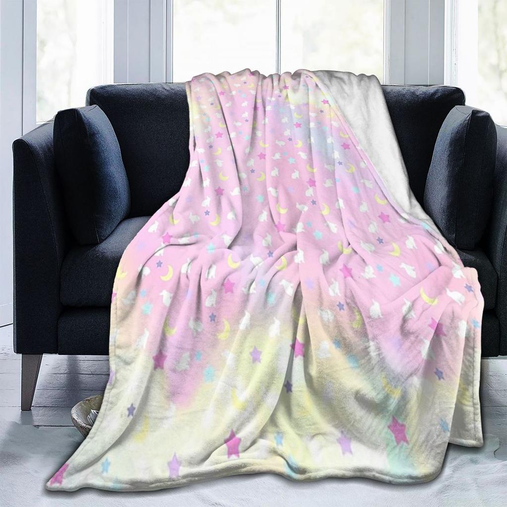 Crescent Moon And Bunny Rainbow Pattern Blankets Throw Blanket Lightweight Throw Blankets for Bedding Throws Bedspread Quilt