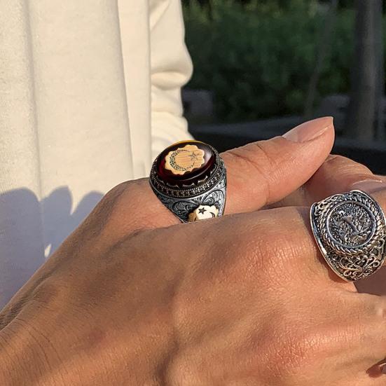 Male Ring Personality Hand Engraved Pattern Handmade Lustrous Vintage Red Stone Turkish Signet Ring Jewelry Accessory