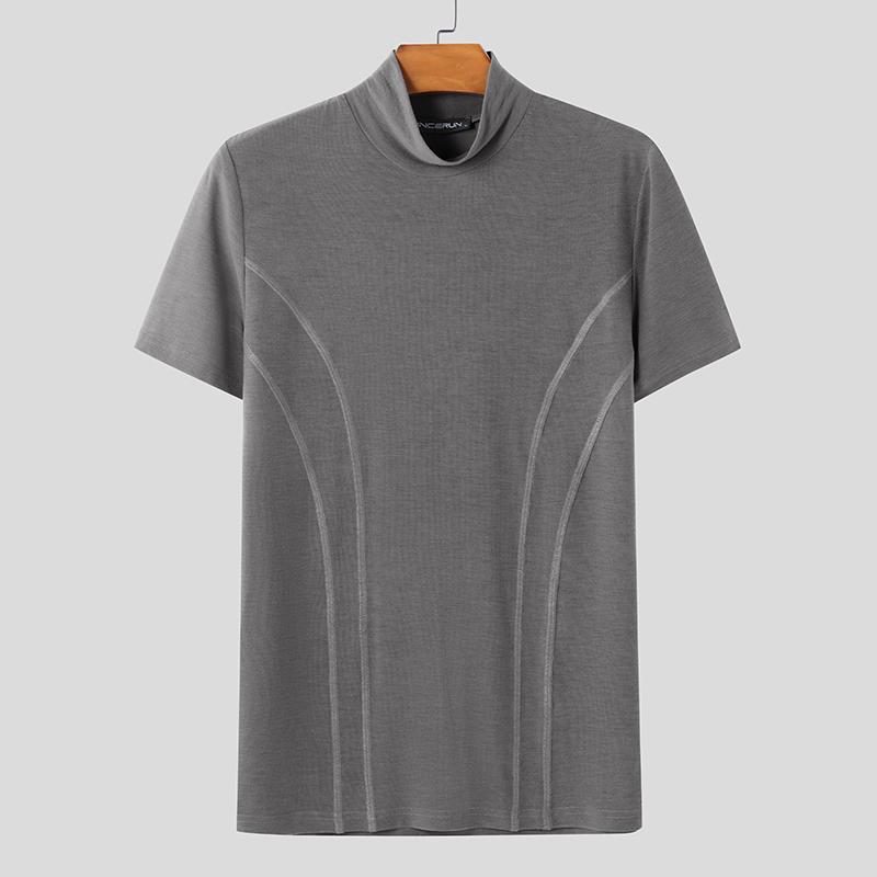 INCERUN Men Mockneck Short Sleeve Solid Color Casual Fittd T-shirts Tops