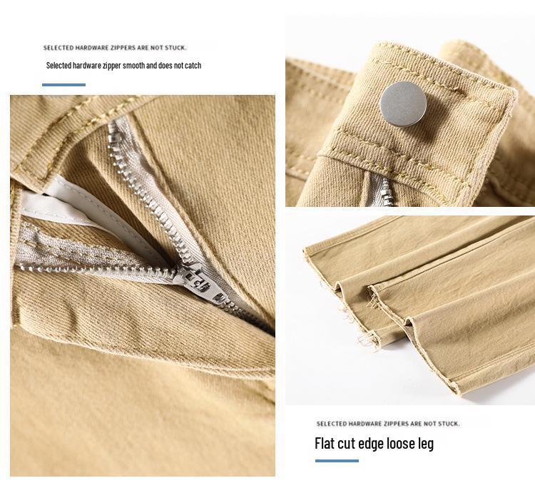 Women's High-Waisted Retro Khaki Cropped Wide-Leg Jeans with Raw Hem