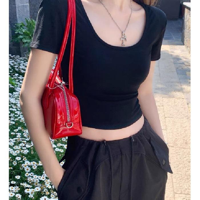 

Red U-neck short-sleeved front-shoulder T-shirt women s summer new simple Spice Girl fashion slim-fitting short top S чёрный