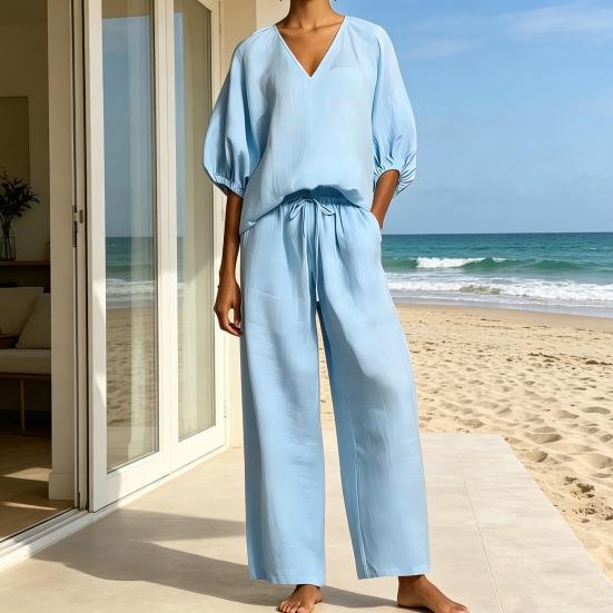Yousheng Women's Casual 2 Piece Lounge Sets Puff Half Sleeve V Neck Top And Wide Leg Pants Travel Vacation Outfits with