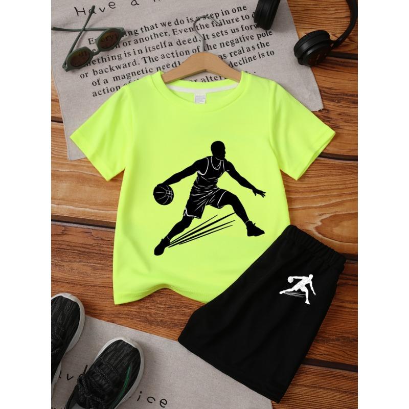 

New Boys Basketball Sketch T-Shirt Shorts 2Pcss Set O-Neck Top + Elastic Shorts 2Pcss Spring And Summer Boys Fashion Trend Items, for Outdoor 100