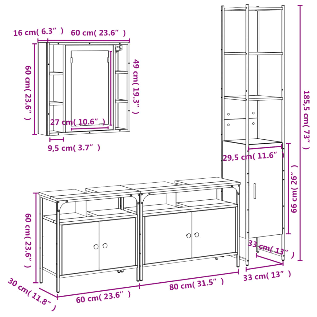 4 Piece Bathroom Furniture Set Smoked Oak Wood Based Material