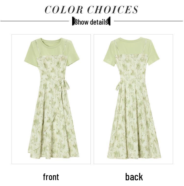 Mint Mambo Green Floral Two-Piece French Style Slim Waist Summer Dress
