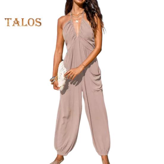 Women's Halter Maxi Jumpsuit Pleated Deep V Neck One Piece Jogger Long Pants with Pockets Casual Beach Sleeveless Rompers