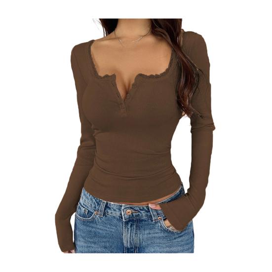 

Women Tops Regular Fit Long Sleeve V Neck Lace Stitching Pullover Tops Solid Color Autumn Winter Blouse Daily Wear S коричневый