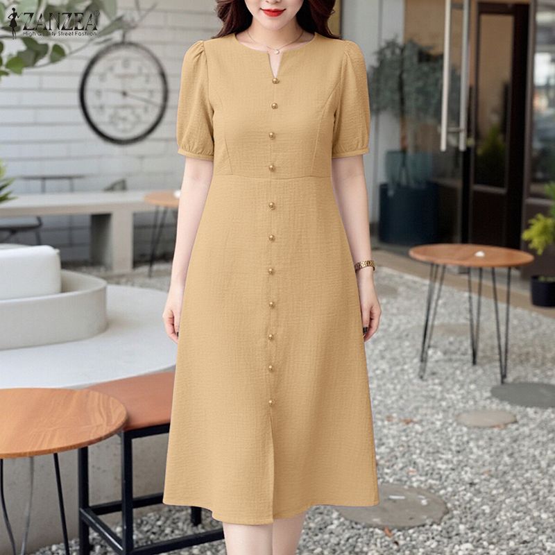 ZANZEA Women Casual V-Neck Solid Color Short Sleeve Midi Dress