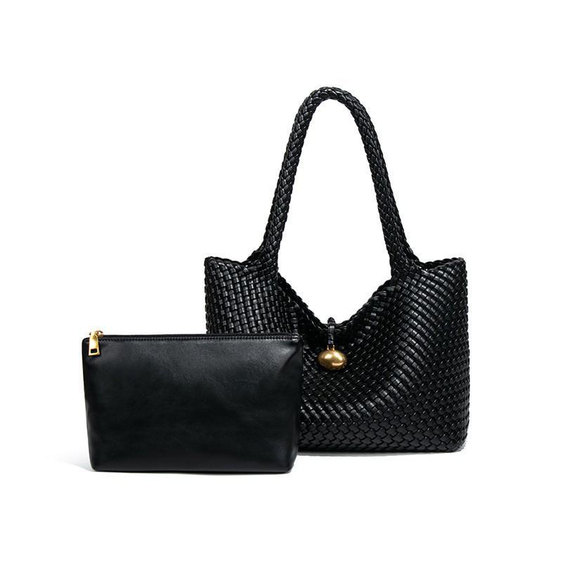 Bag Women Large-capacity Hand-woven Computer Gilded Soft Leather Horizontal Shoulder Tote
