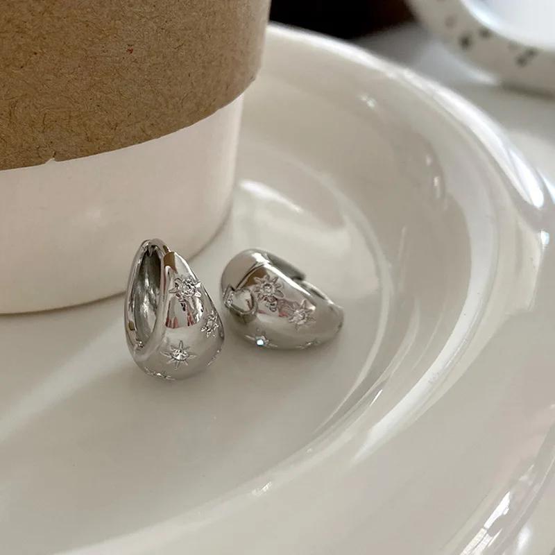 Stainless Steel Smooth Star Zircon Hoop Earrings for Women Girls Metal Chunky Ear  Buckle Jewelry Accessories Gift