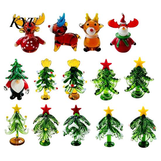 Modern Glass Xmas Sculpture Christmas Tree Figurine, Handmade Santa Deer Desk Decor, Miniature Tabletop Holiday Decoration Ornament for Car