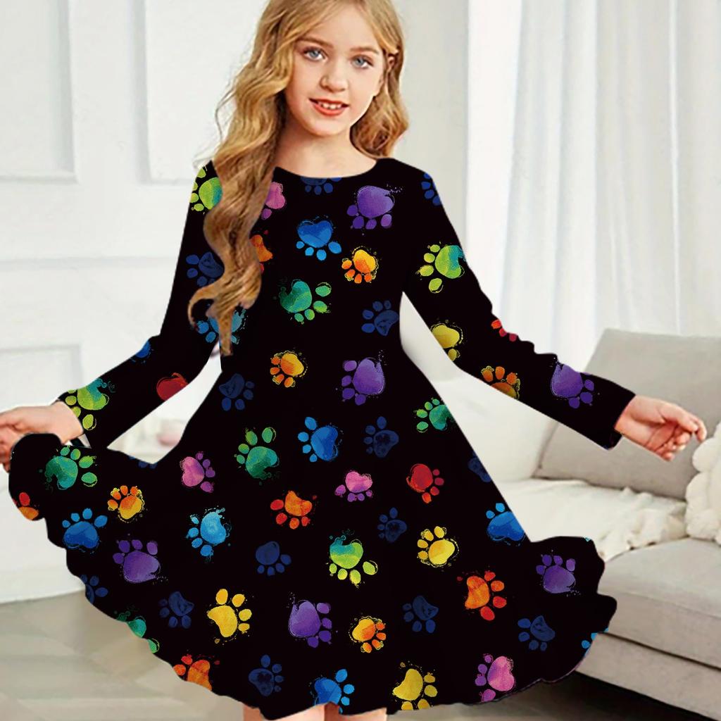Girl Casual Dog Claw Print Round Neck Long Sleeve Dress Kid Princess Dress