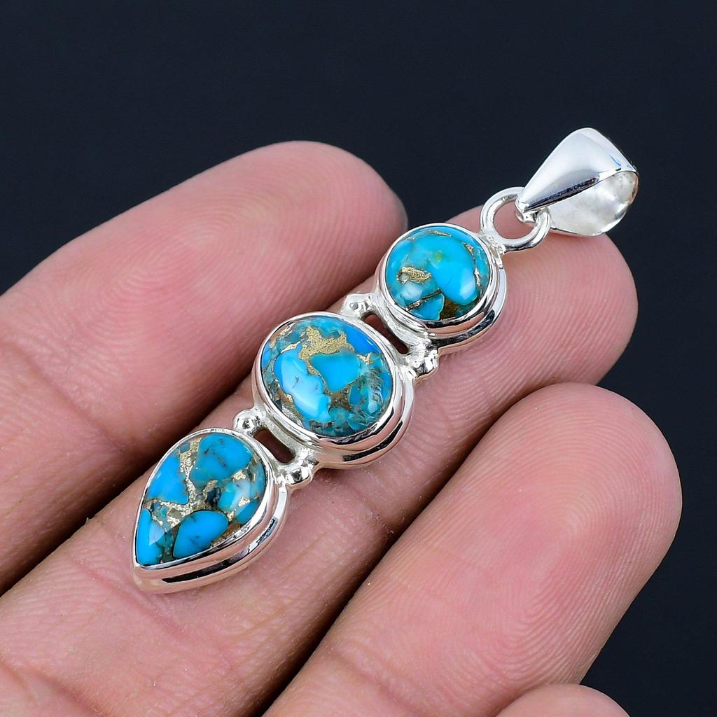 Natürlicher blauer Kupfer-Türkis-Edelstein, 925 Sterling Silber, Drei-Stein-Anhänger, handgefertigter Anhänger, Schmuckgeschenk zum Valentinstag