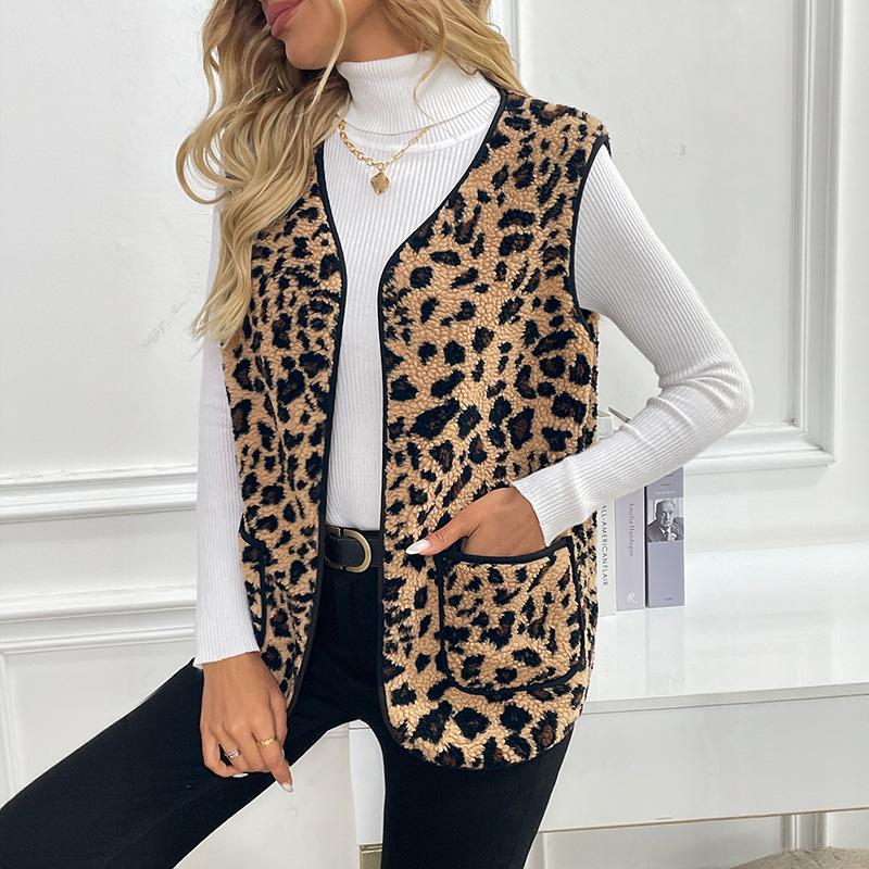 Gilet Senza Maniche Scollo a V da Donna Nuova Giacca Cardigan Stampa Leopardo per Autunno e Inverno