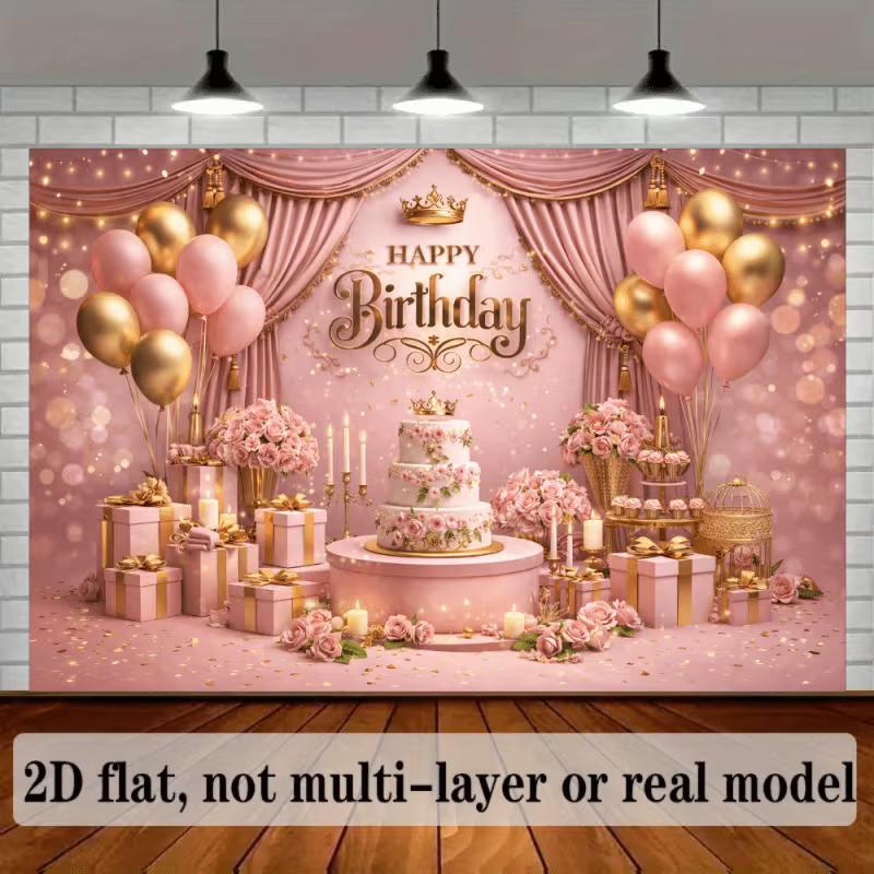 2D Pink Gold Happy Birthday Backdrop Banner Photography Background Party Decor
