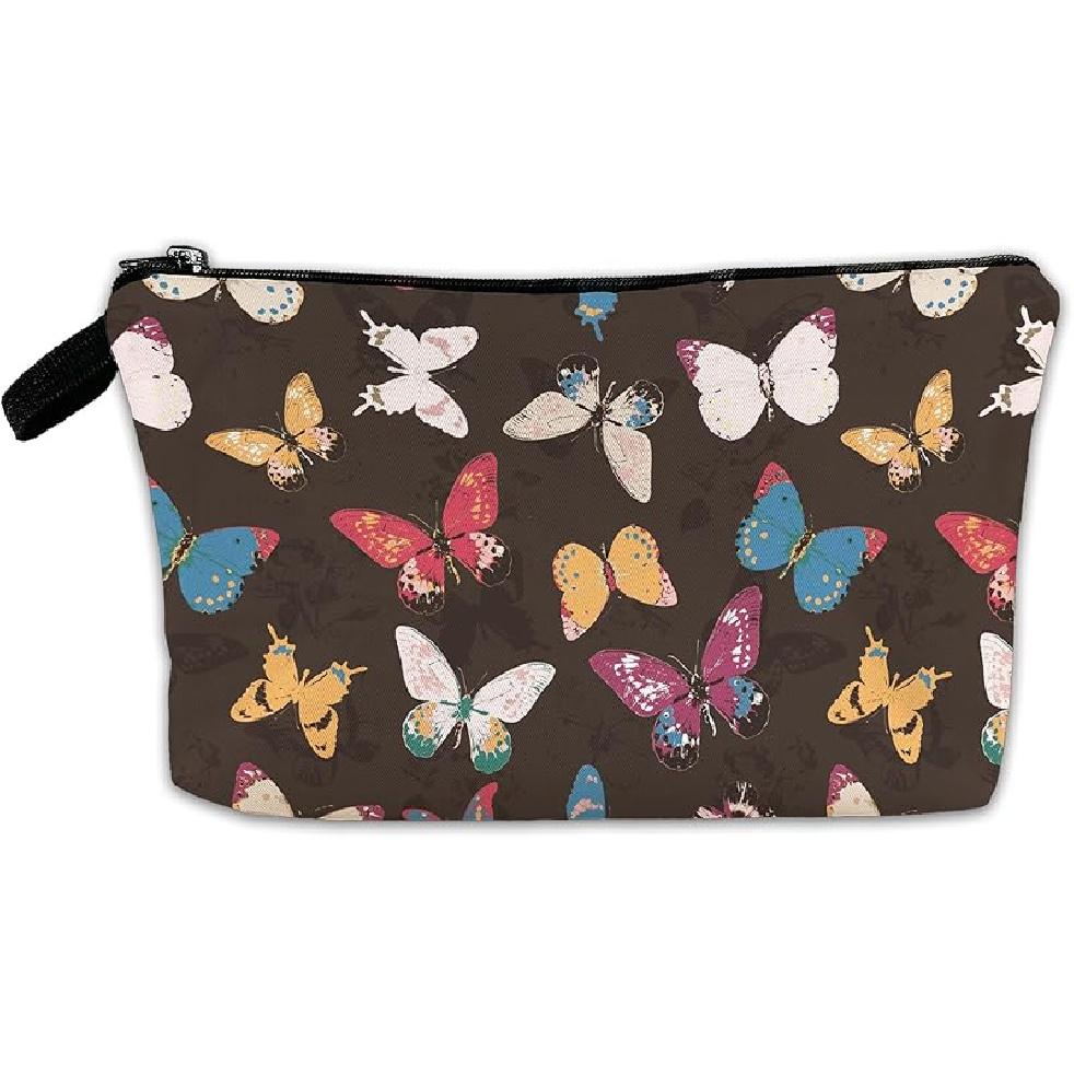 White Flower Floral Makeup Cosmetic Bag Blue Aesthetic Pouch Organizer Small Compact Cute Travel Mini Portable Beauty Toiletry Make Up Brush Storage