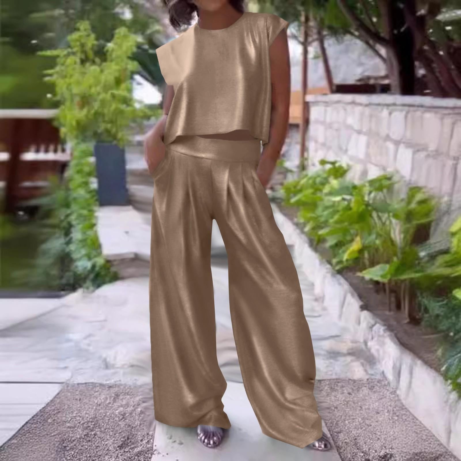 

Женская мода, повседневный гладкий жилет, широкие брюки, два комплекта (2 куска) S золотой