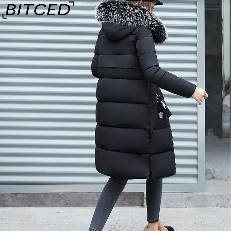 BITCED Autumn/Winter Women's Long-Length Cotton Coat with Hood and Large Fur Collar Down-Filled Cotton-Blend Padded Jacket