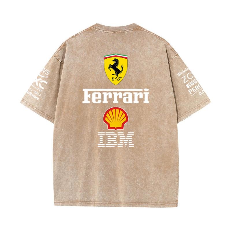 Vintage Washed Black Ferrari F1 Racing T Shirt Oversized Short Sleeve Tee Retro Motorsport Sponsor Logo Print Casual Streetwear Loose Top