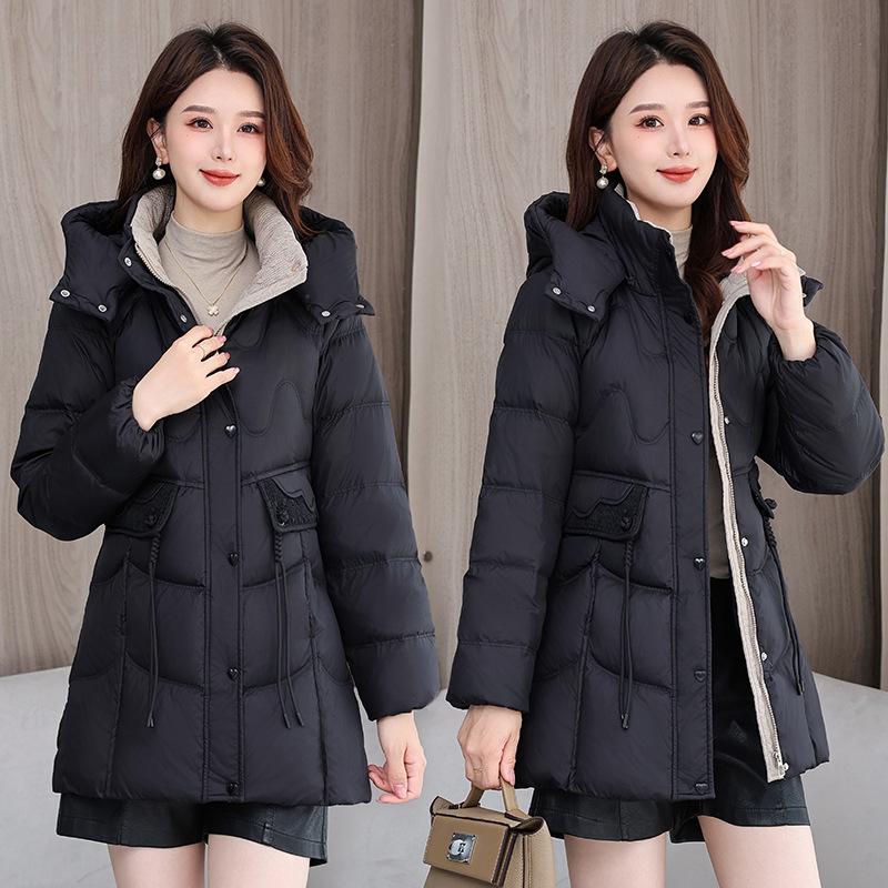 Women's Mid-Length Hooded Lace Pocket Down Jacket - 2025 Winter Slim Fit White Duck Down Coat