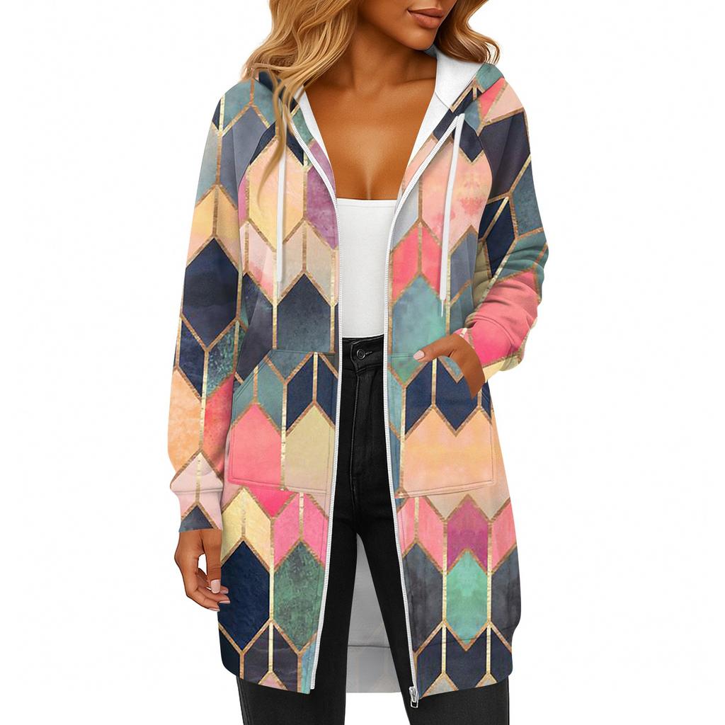 Women's Fashionable Printed  Long Sleeved Drawstring Hooded Zipper Pocket Long Casual Sweatshirt Jacket