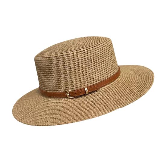 Straw Hat Wide Brim Flat Faux Leather Strap Top Design Metal Buckle Decor Sun Hat Beach