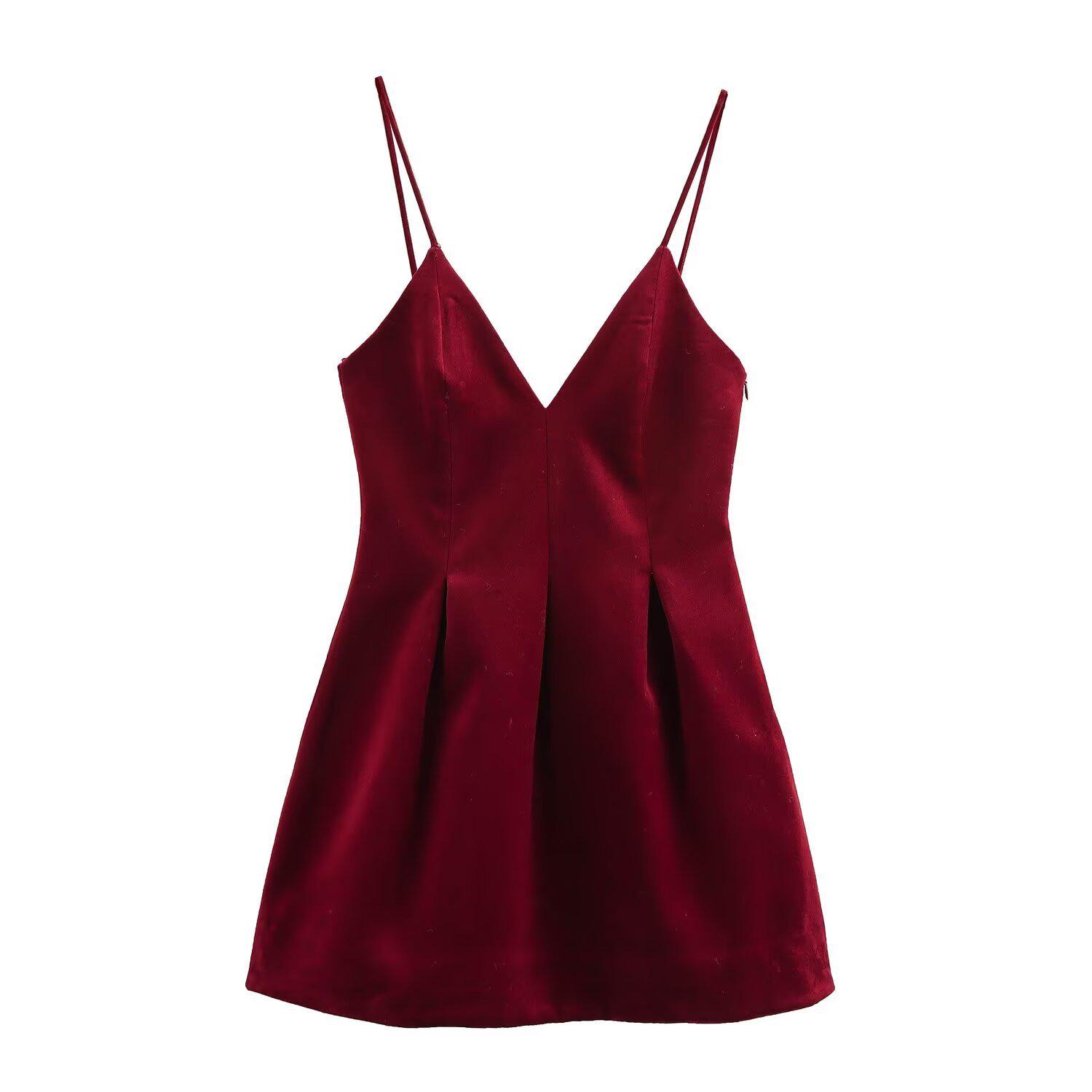 

2024 Autumn/Winter European & American Velvet V-Neck Spaghetti Strap Dress for Women L