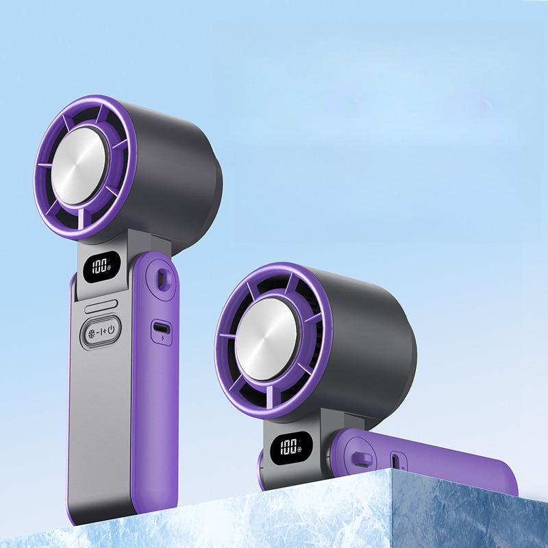 1PC High-speed Handheld Fan Ice Compress Cooling Small  Outdoor Portable Foldable Small Neck Fan Digital Display Stepless Speed Regulation