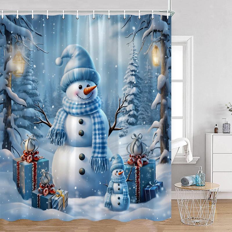 Funny Christmas Shower Curtain Red Santa Claus Cute Blue Snowman Winter Forest Landscape Cloth Home Bathroom Decor Bath Curtains