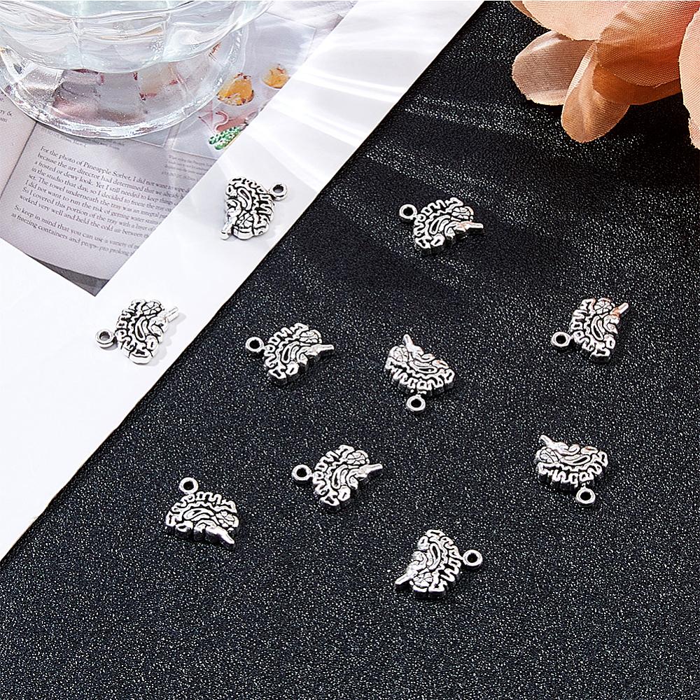 120Pcs Tibetan Style Alloy Charms Lead Free & Cadmium Free Brain Antique Silver 12.5x14x3mm Hole: 1.5mm