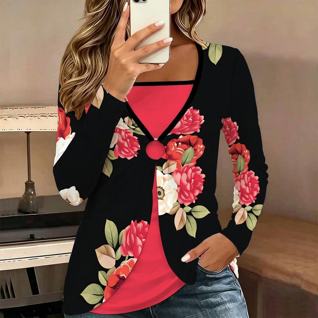 Tops for Women  Floral Print Long Sleeve Fake Two‑Piece Top Fall Casual Slim Pullover Women's Long Sleeve Top