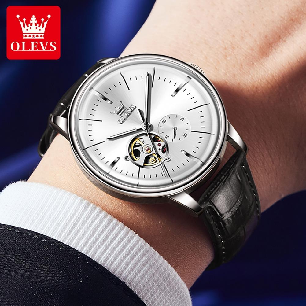 OLEVS 6708 Fashion Men's Watches Leather Strap Original Brand Self-winding Automatic Mechanical Wristwatch for Man Waterproof