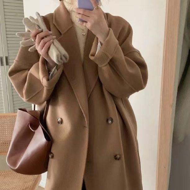 Elegant Woolen Trench Coats Winter Women Vintage Windbreakers Jackets Mid-Length Loose Turn-Down Collar  Cardigans