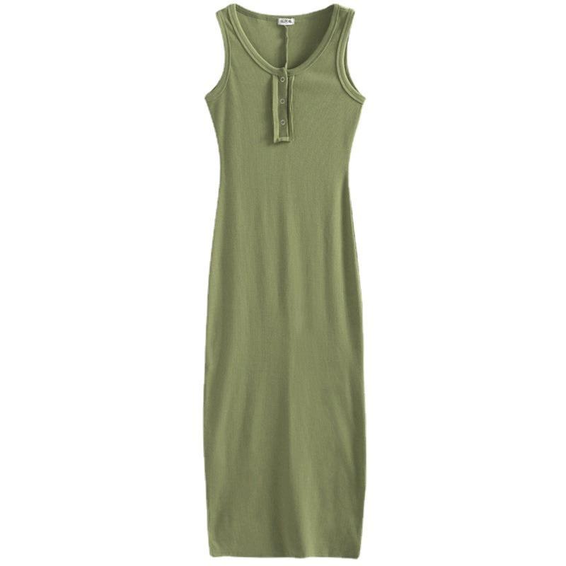 Camisole Dress Summer Halter Sleeveless Solid Color Waist Slimming Tight Temperament Button Dress