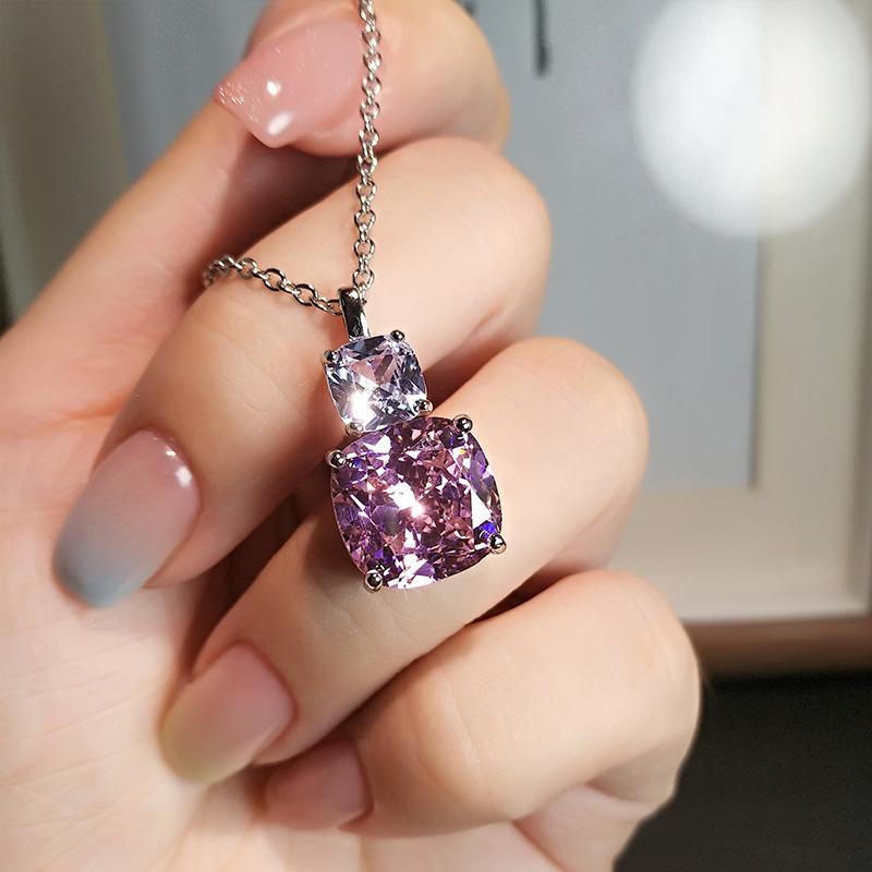 Ice Flower Cut Purple Stone Square Pendant, High-Grade Pink Diamond Quadrilateral High Carbon Diamond Super Flash Necklace, Female