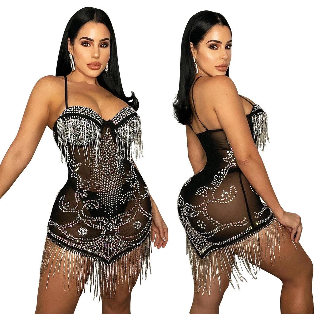 Summer Women's Sexy Diamond Tassel Mesh Dress