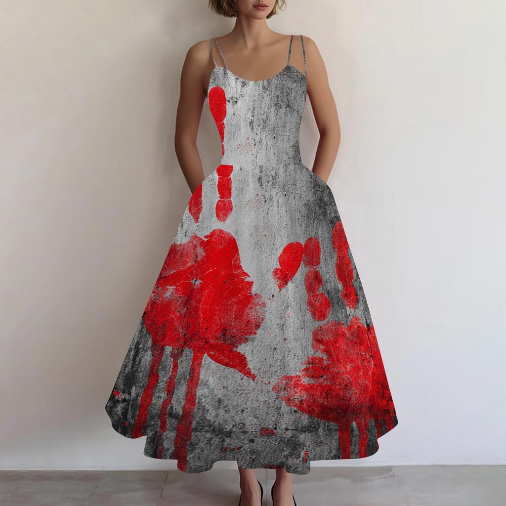 Women's Sleeveless Casual Dress with Halloween Print Round Neck Vintage Style Fit and Flare Midi Dress for Everyday Wear