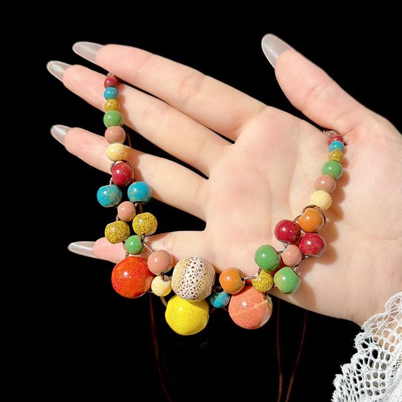 New New Chinese Color Beaded Retro Long Necklace Bohemian Ethnic Holiday Pendant Accessories Neck Chain