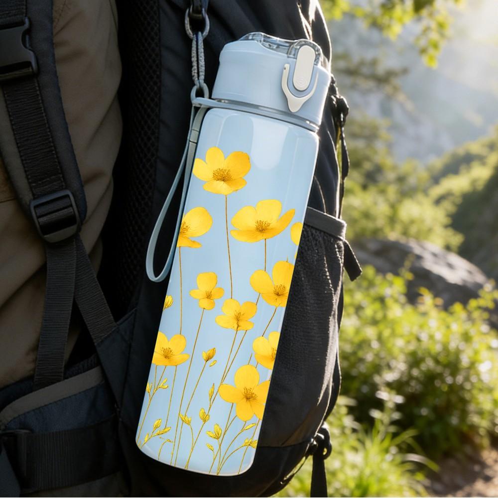 1PC Yellow Wildflower Bouquet Print 750ml Color Plastic Sports Water Bottle Leakproof Flip Straw Lid Suitable for Sports Office Home Use