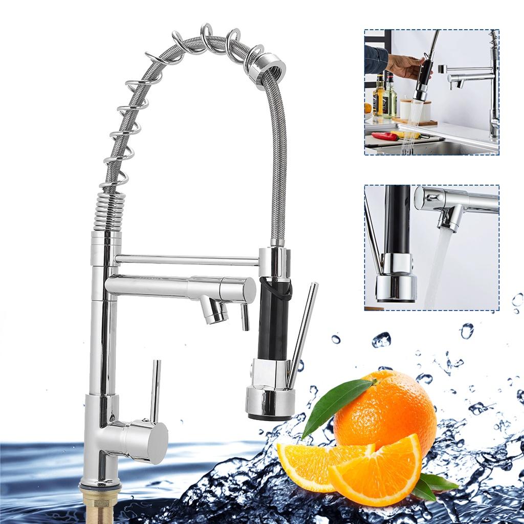 Silver Chrome Polished Deck Mounted Flexible Kitchen Faucets Silver Spring Style Spray Mixers Tap Hot And Cold Kitchen Faucet Pull Out Mixer Tap