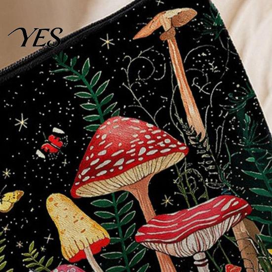 Secure Zipper Storage Bag Bag, with Mushroom Star Moon Print, Lightweight Black Pouch Wear-Resistant Cosmetic for Menstrual Supplies Coin Keys