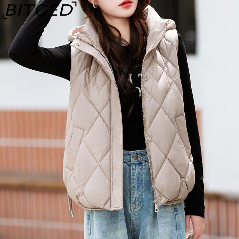 BITCED Women's Autumn/Winter Quilted Down Vest - Elegant Hooded Cotton Jacket, Short-Sleeved Waistcoat, Diamond-Quilted Vest